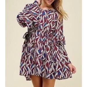 Velzera Boho Bell Sleeve Tunic Dress Size M Burgundy Blue Leaf Print